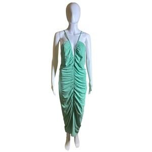New with Tags H&M Mint Green Ruched Deep V-Neck Open Back Maxi Dress Size XXL